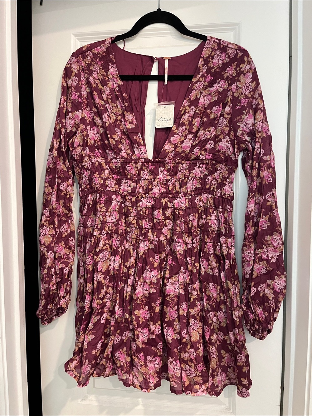 Free People Plum Floral Smocked V-Neck Mini Dress